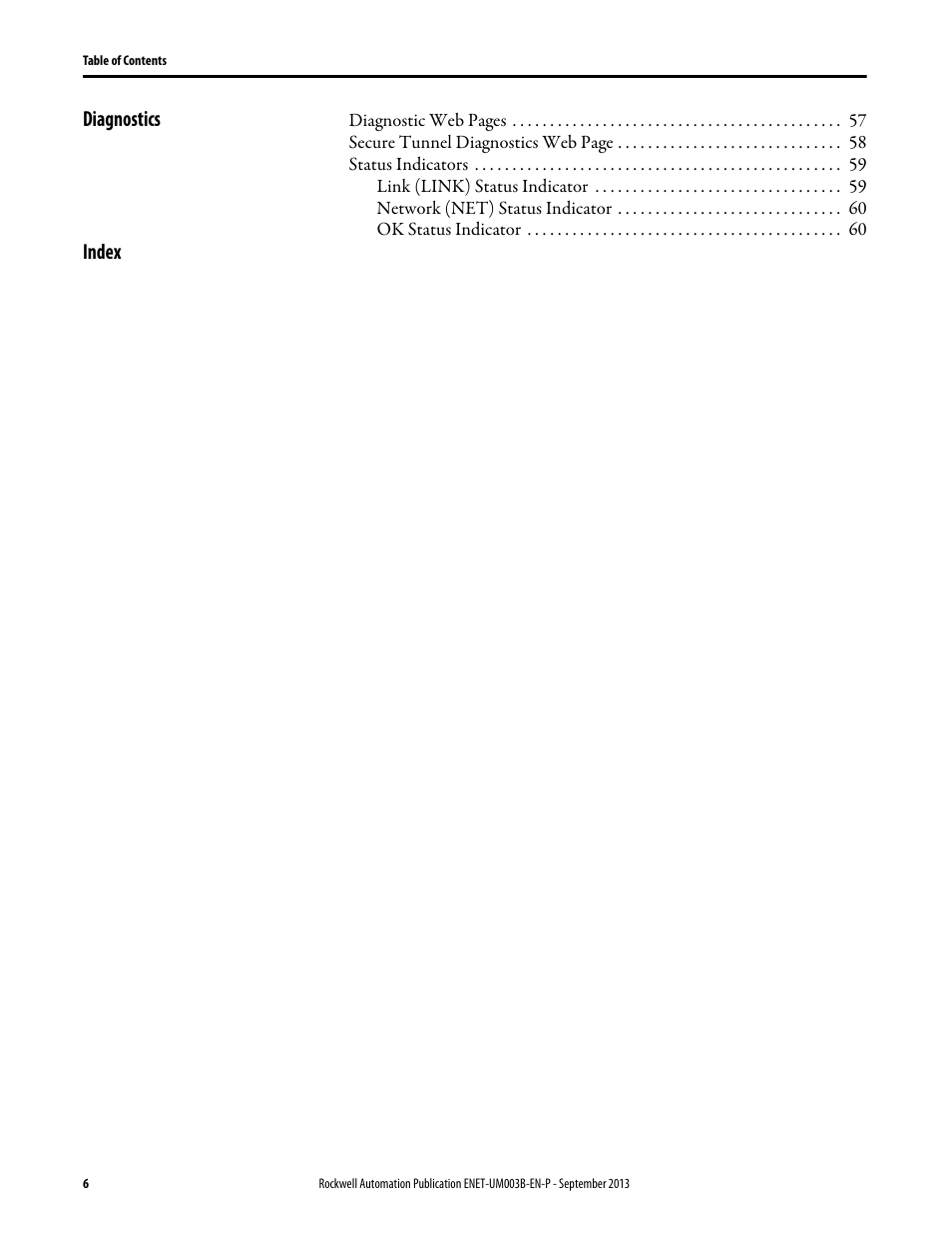 Diagnostics, Index | Rockwell Automation 1756-EN2TSC EtherNet/IP Secure Communication User Manual User Manual | Page 6 / 64