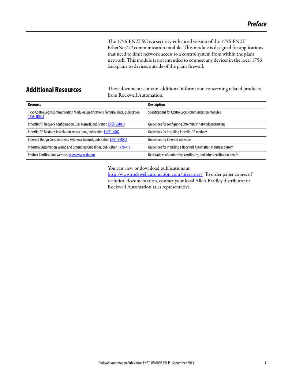 Preface, Additional resources | Rockwell Automation 1756-EN2TSC EtherNet/IP Secure Communication User Manual User Manual | Page 7 / 64
