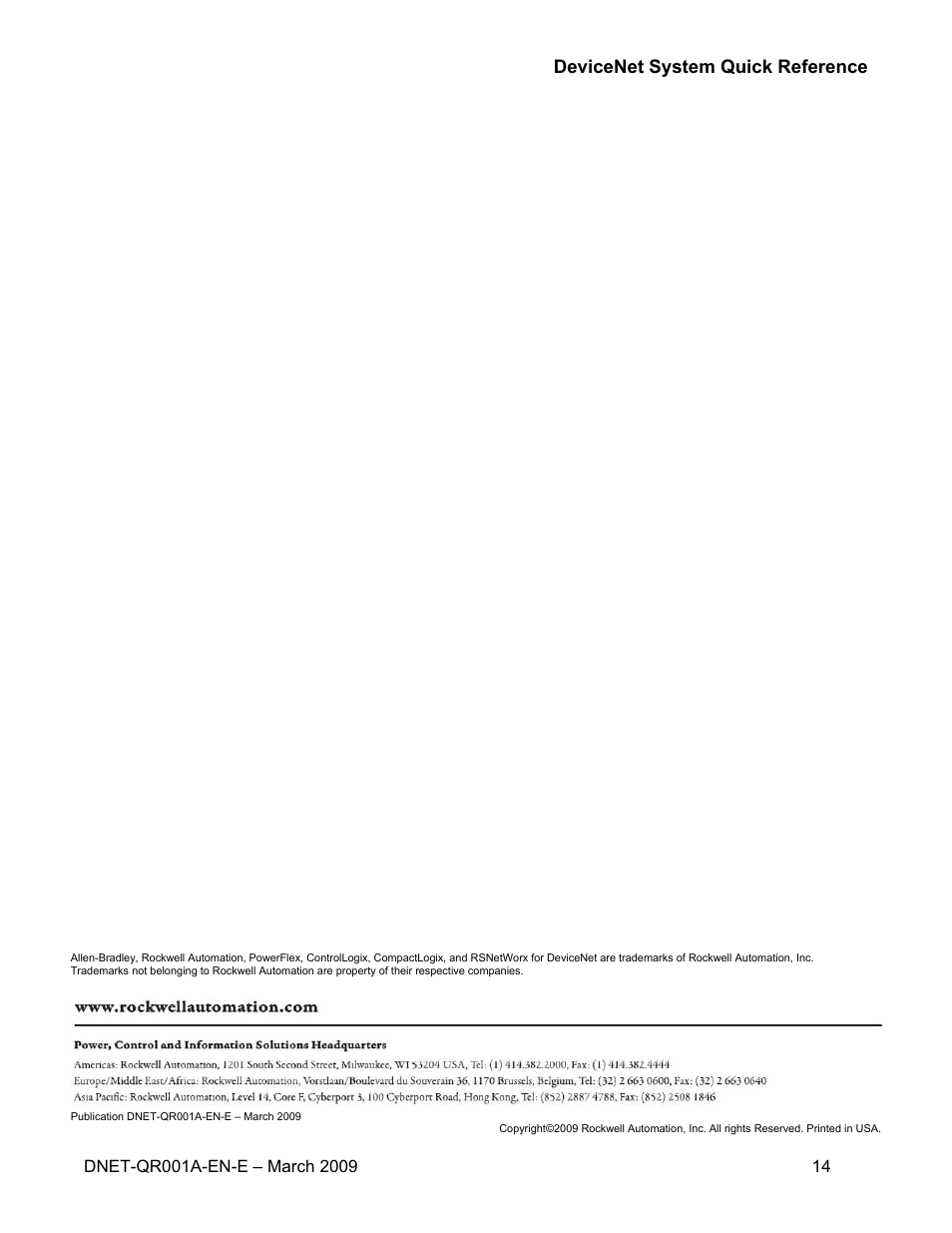 Back cover | Rockwell Automation DeviceNet System Quick Reference User Manual | Page 14 / 14