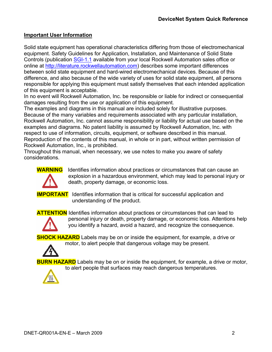Important user information | Rockwell Automation DeviceNet System Quick Reference User Manual | Page 2 / 14