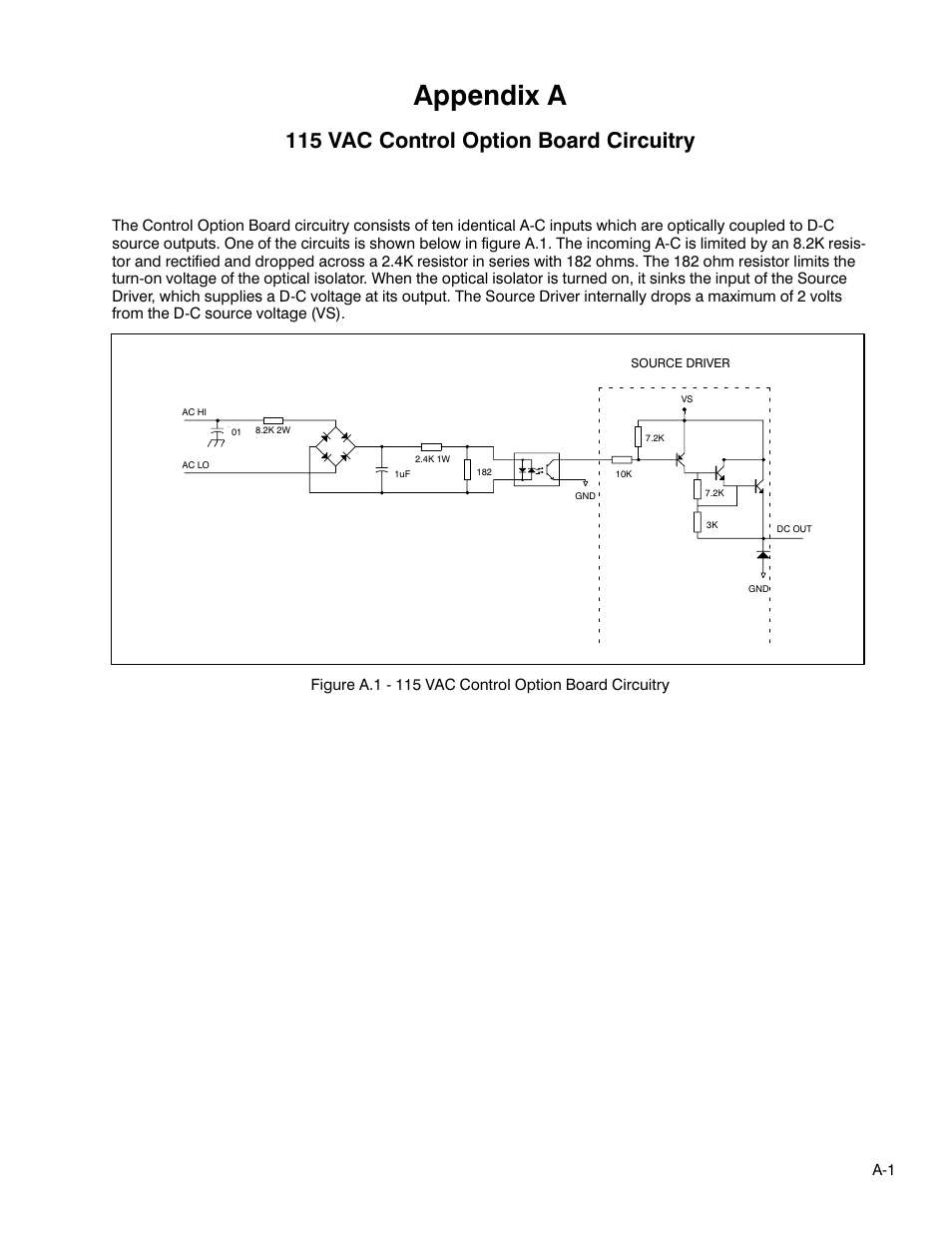 A - 115 vac control option board circuitry, Appendix a, 115 vac control option board circuitry | Rockwell Automation FlexPak 3000 115 VAC Control Opt. Board M/N 917FK0101 User Manual | Page 17 / 20