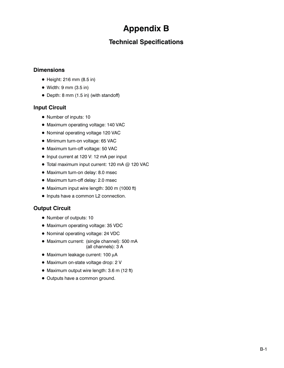B - technical specifications, Appendix b, Technical specifications | Rockwell Automation FlexPak 3000 115 VAC Control Opt. Board M/N 917FK0101 User Manual | Page 18 / 20