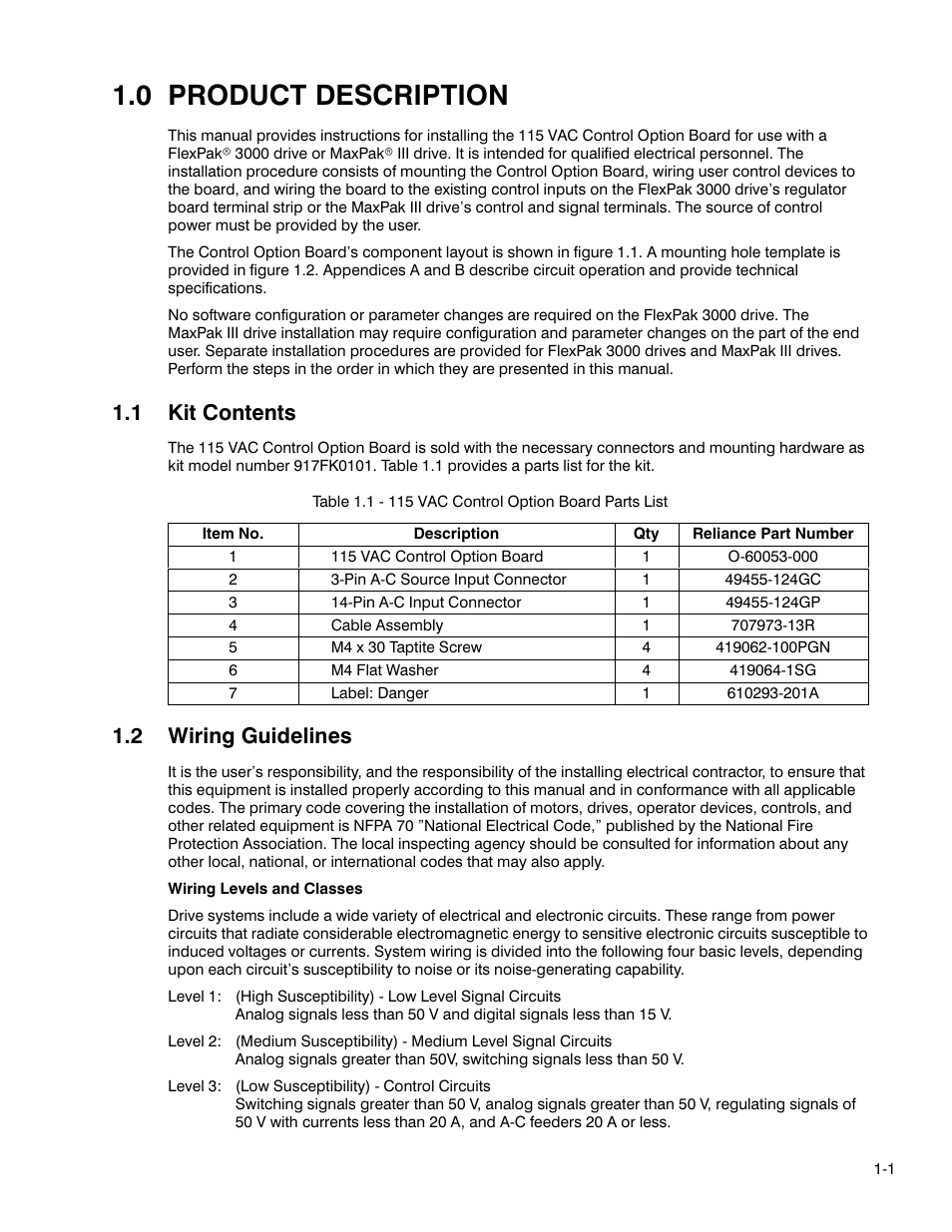 1 - product description, Kit contents, Wiring guidelines | 0 product description, 1 kit contents, 2 wiring guidelines | Rockwell Automation FlexPak 3000 115 VAC Control Opt. Board M/N 917FK0101 User Manual | Page 6 / 20