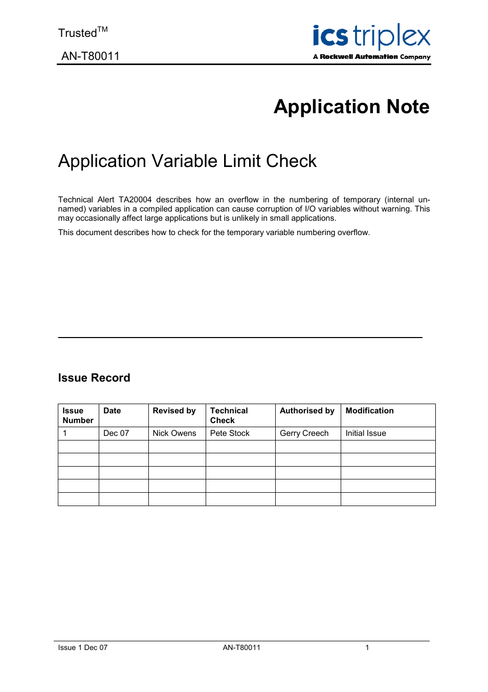 Rockwell Automation T80011 Application Note Application Variable Limit Check User Manual | 4 pages