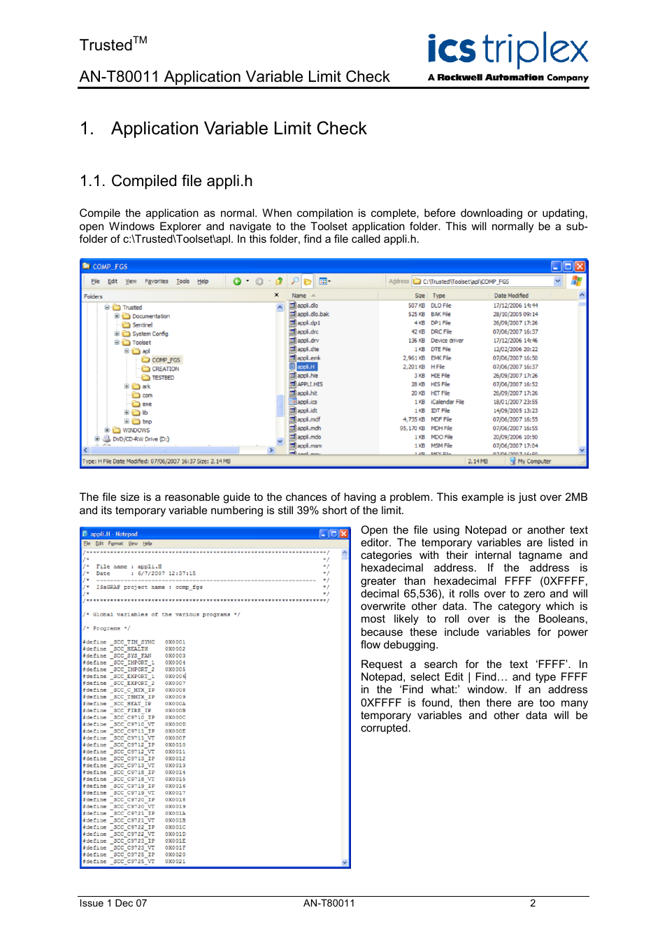 Compiled file appli.h, Application variable limit check, Trusted | Rockwell Automation T80011 Application Note Application Variable Limit Check User Manual | Page 2 / 4