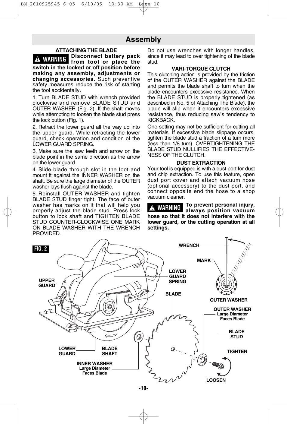 Assembly, Warning | Bosch 1661 User Manual | Page 10 / 56