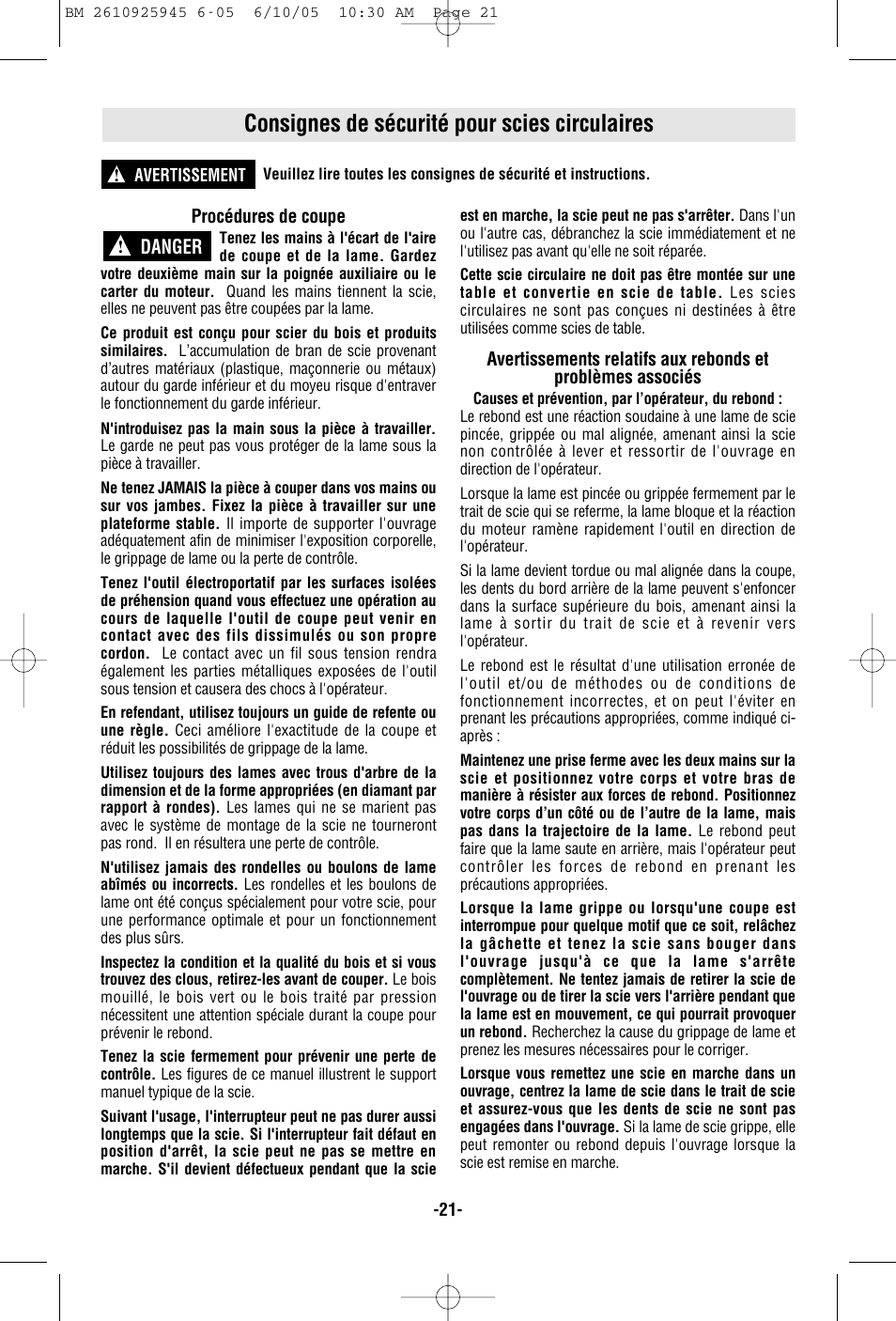 Consignes de sécurité pour scies circulaires | Bosch 1661 User Manual | Page 21 / 56