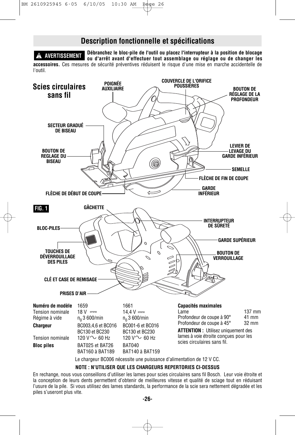 Description fonctionnelle et spécifications, Scies circulaires sans fil | Bosch 1661 User Manual | Page 26 / 56