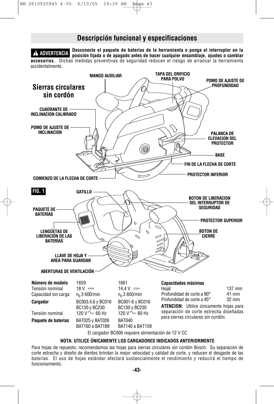 Descripción funcional y especificaciones, Sierras circulares sin cordón | Bosch 1661 User Manual | Page 43 / 56