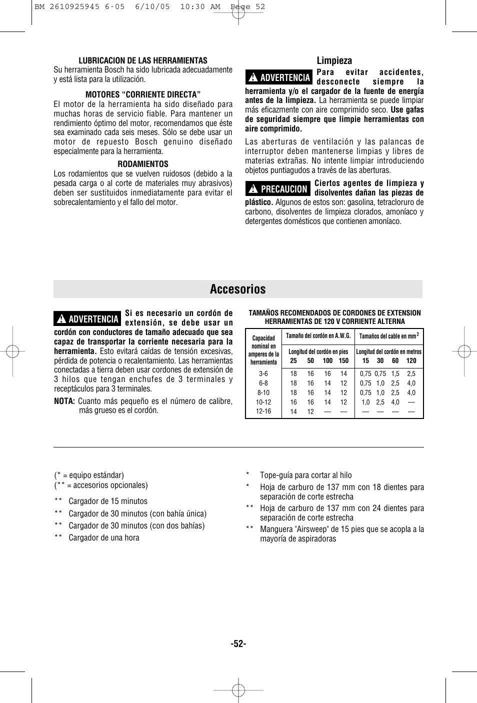 Accesorios, Limpieza, Advertencia | Advertencia ! precaucion | Bosch 1661 User Manual | Page 52 / 56