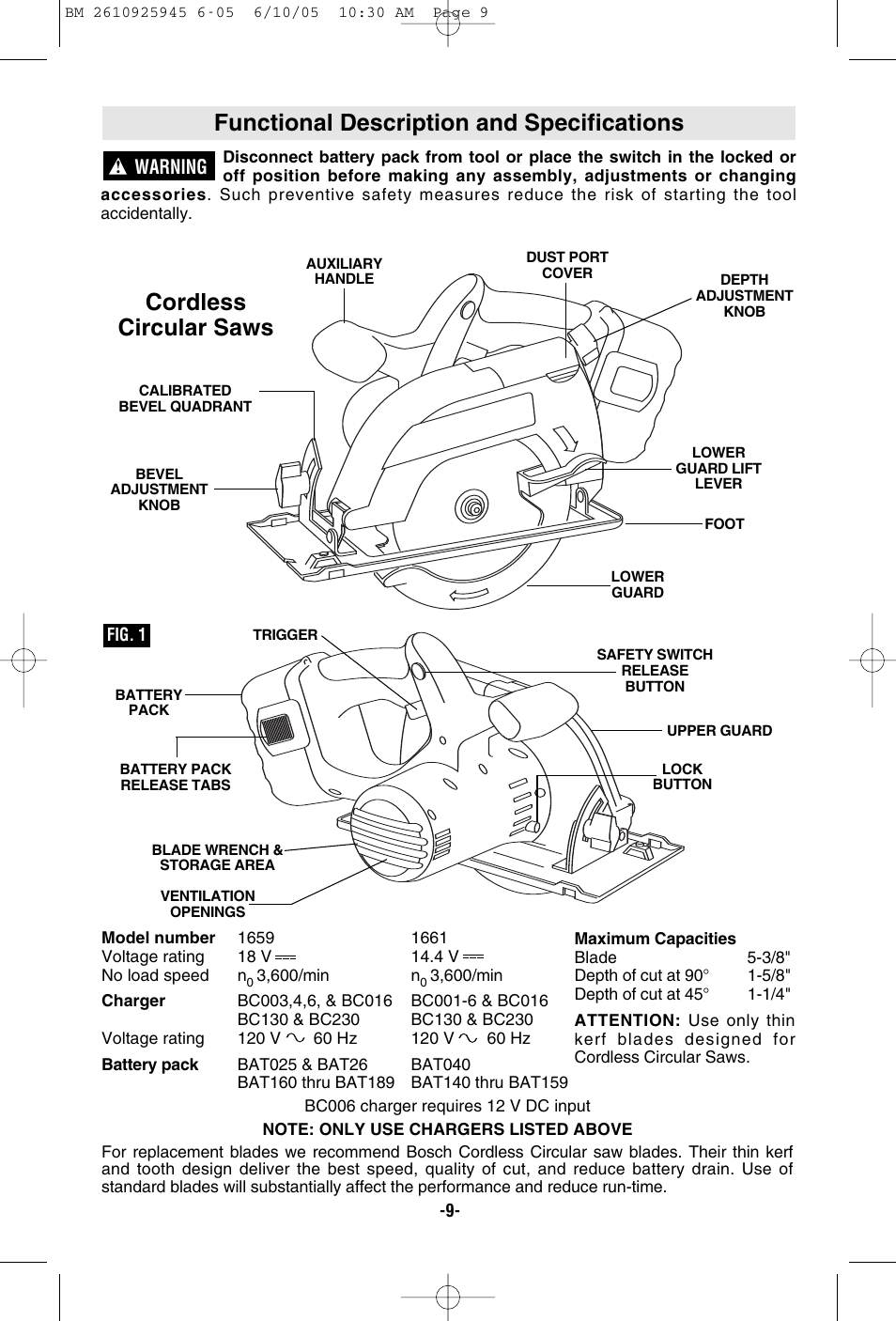 Functional description and specifications, Cordless circular saws, Warning | Bosch 1661 User Manual | Page 9 / 56