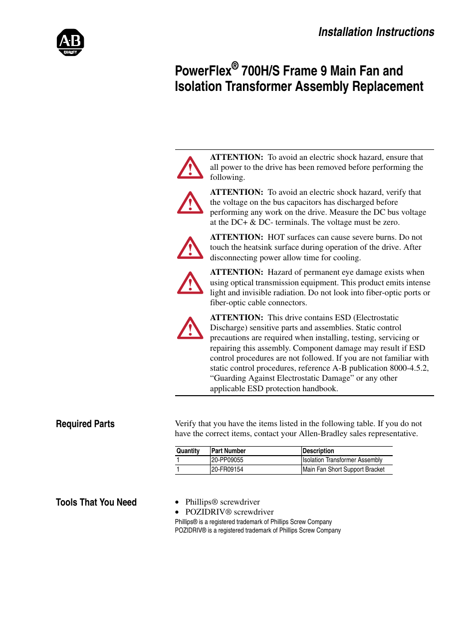 Rockwell Automation 20D PowerFlex 700H/S Frame 9 Main Fan and Isolation Transformer Assembly Replacement User Manual | 8 pages