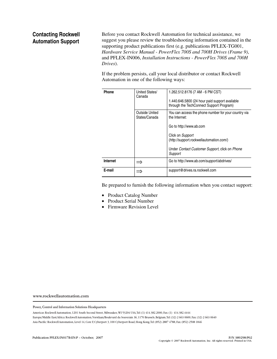 Contacting rockwell automation support, Pub. no. - date | Rockwell Automation 20D PowerFlex 700H/S Frame 9 Main Fan and Isolation Transformer Assembly Replacement User Manual | Page 8 / 8
