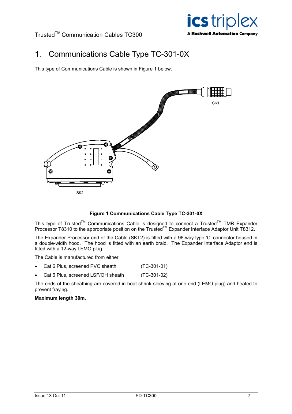 Communications cable type tc-301-0x, Figure 1 communications cable type tc-301-0x, Trusted | Communication cables tc300 | Rockwell Automation TC300 Trusted Communications Cables User Manual | Page 7 / 22