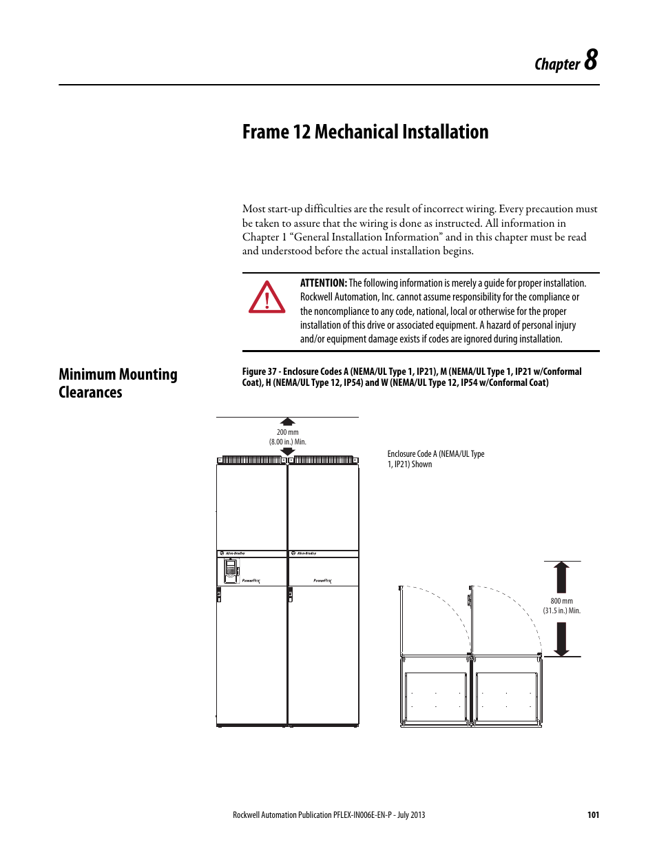 Chapter 8 - frame 12 mechanical installation, Minimum mounting clearances, Chapter 8 | Frame 12 mechanical installation, Chapter | Rockwell Automation 20D PowerFlex 700H and 700S Frame 9...14 Drives User Manual | Page 101 / 220