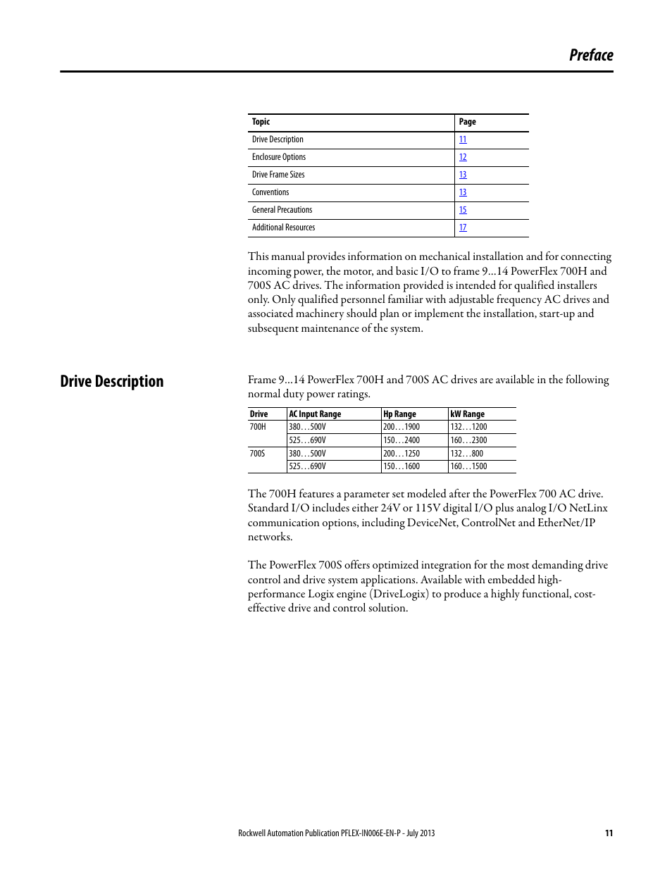 Preface, Drive description | Rockwell Automation 20D PowerFlex 700H and 700S Frame 9...14 Drives User Manual | Page 11 / 220