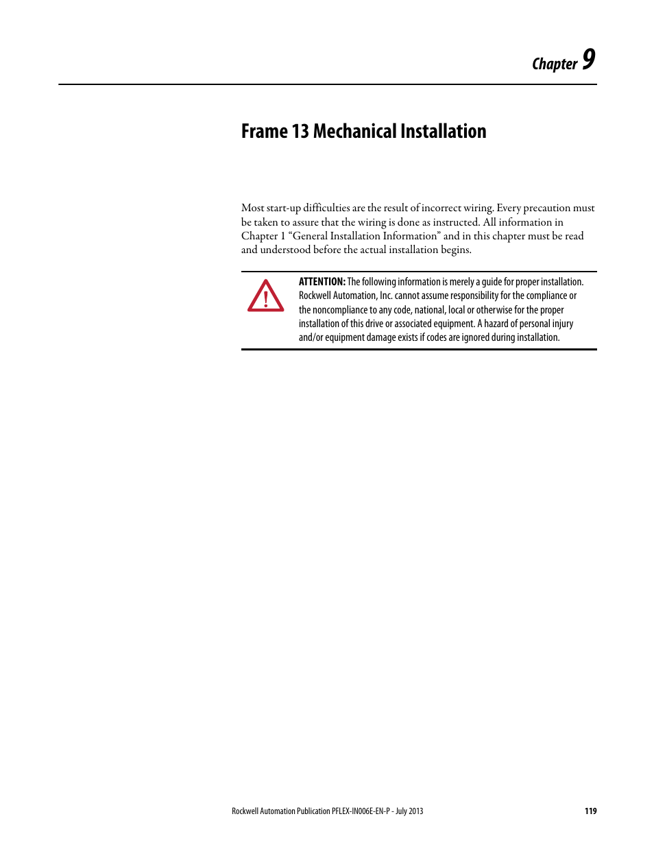 Chapter 9 - frame 13 mechanical installation, Chapter 9, Frame 13 mechanical installation | Rockwell Automation 20D PowerFlex 700H and 700S Frame 9...14 Drives User Manual | Page 119 / 220