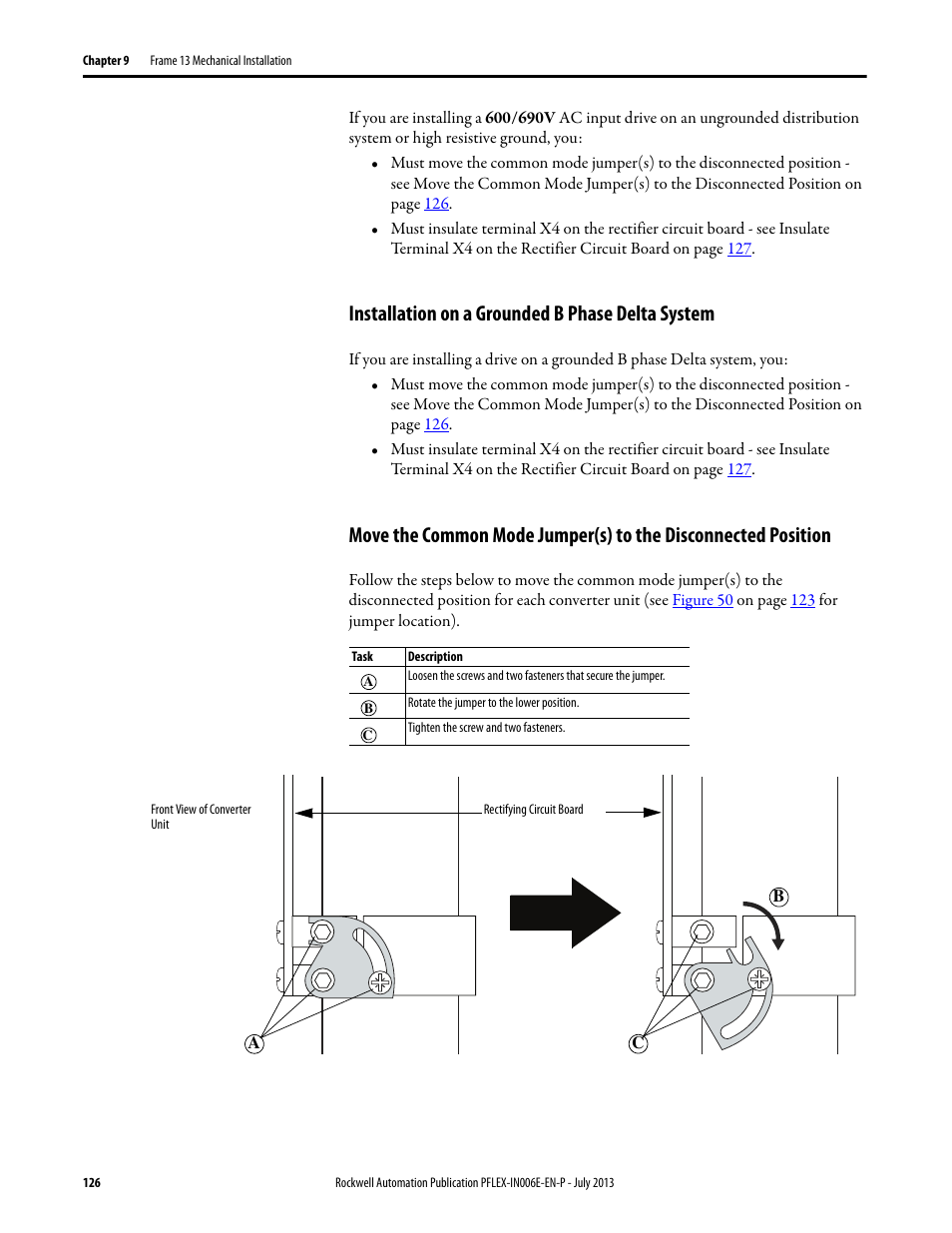 Installation on a grounded b phase delta system | Rockwell Automation 20D PowerFlex 700H and 700S Frame 9...14 Drives User Manual | Page 126 / 220