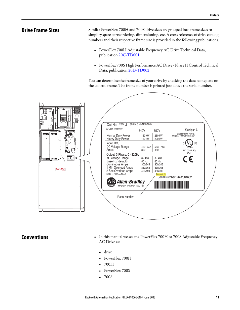 Drive frame sizes, Conventions, Drive frame sizes conventions | Rockwell Automation 20D PowerFlex 700H and 700S Frame 9...14 Drives User Manual | Page 13 / 220