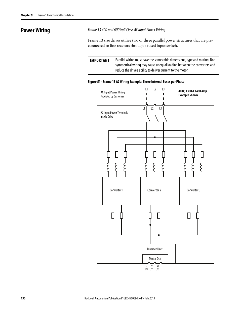 Power wiring | Rockwell Automation 20D PowerFlex 700H and 700S Frame 9...14 Drives User Manual | Page 130 / 220