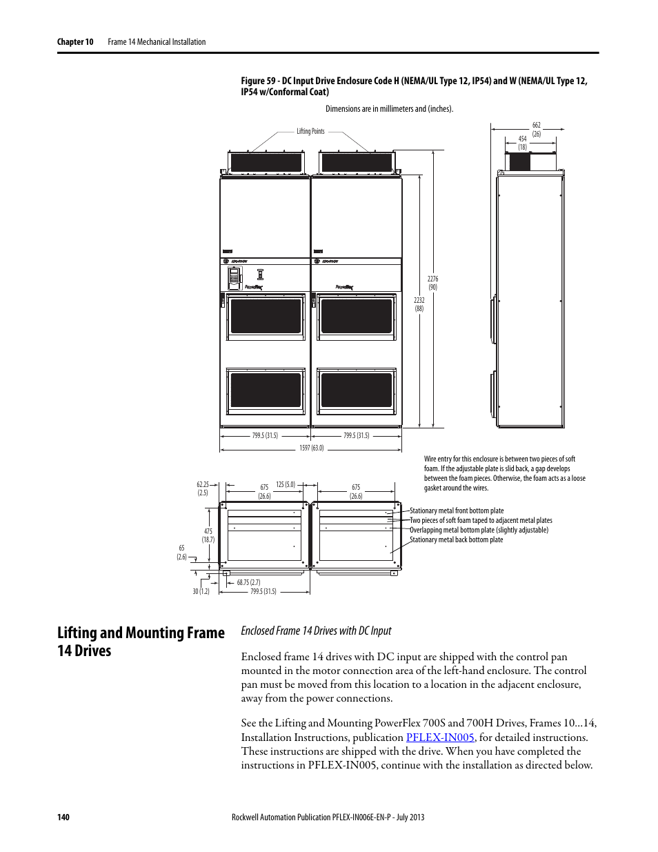 Lifting and mounting frame 14 drives, Enclosed frame 14 drives with dc input | Rockwell Automation 20D PowerFlex 700H and 700S Frame 9...14 Drives User Manual | Page 140 / 220