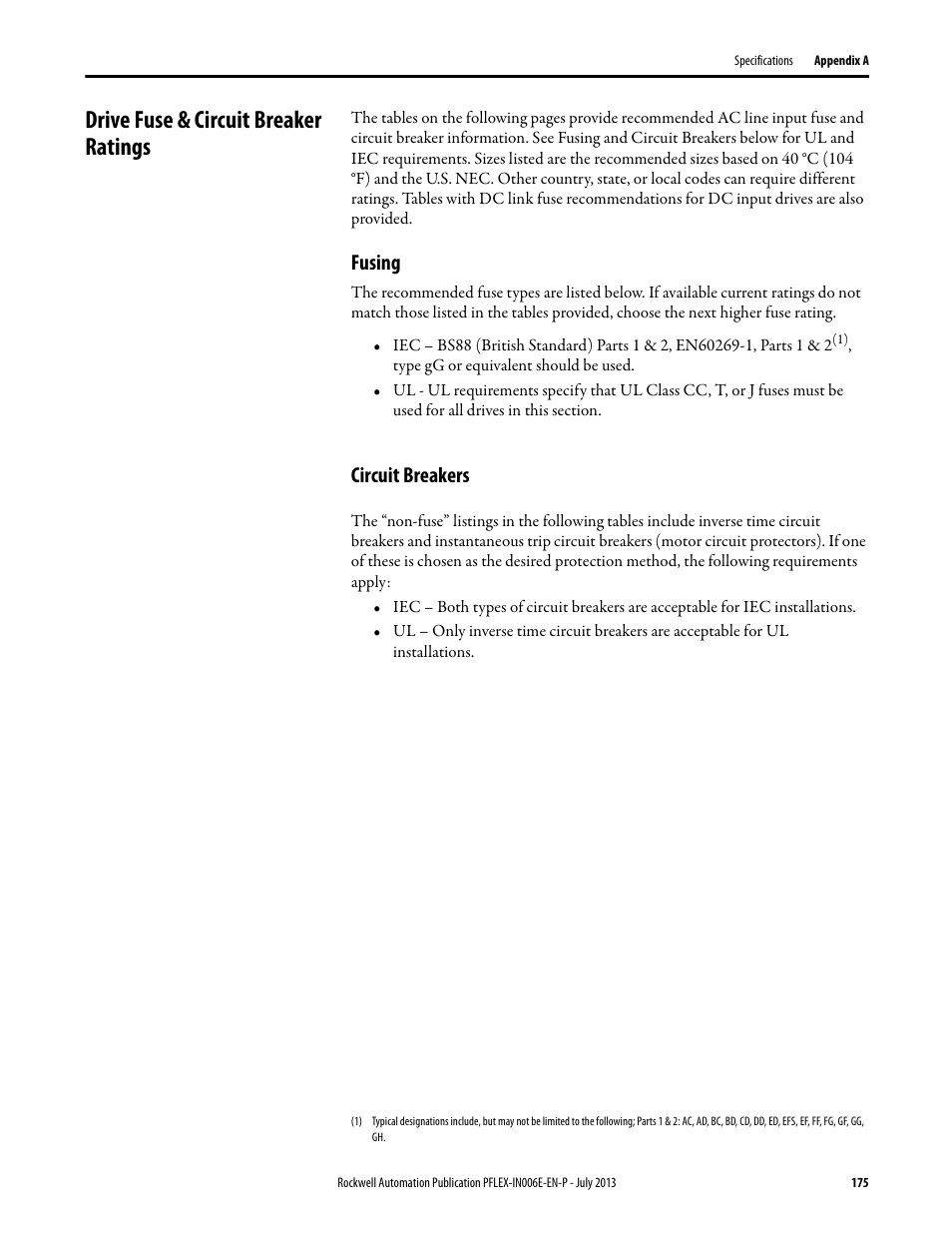 Drive fuse & circuit breaker ratings, Fusing, Circuit breakers | Fusing circuit breakers | Rockwell Automation 20D PowerFlex 700H and 700S Frame 9...14 Drives User Manual | Page 175 / 220