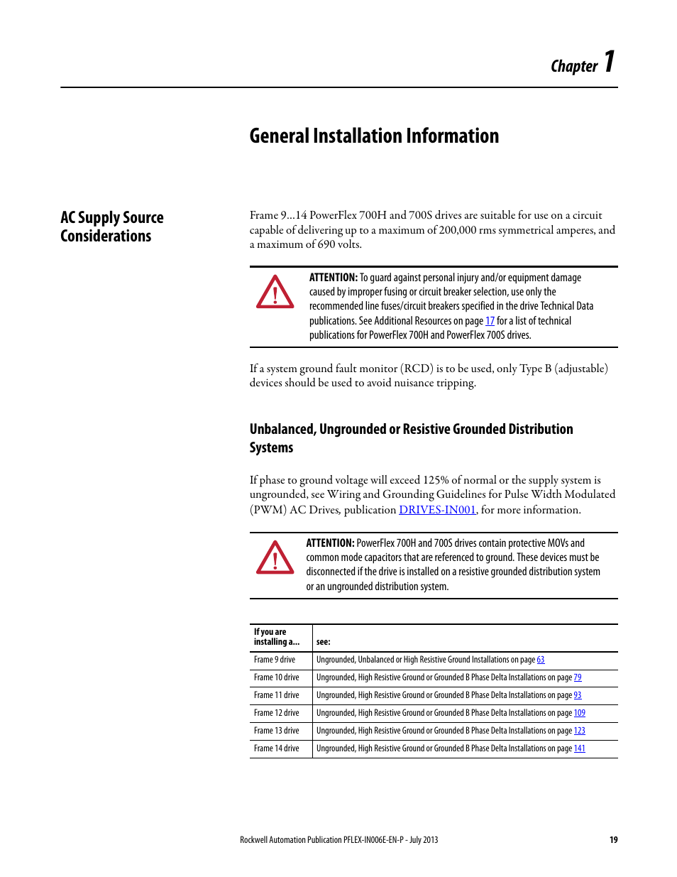 Chapter 1 - general installation information, Ac supply source considerations, Chapter 1 | General installation information, Chapter | Rockwell Automation 20D PowerFlex 700H and 700S Frame 9...14 Drives User Manual | Page 19 / 220