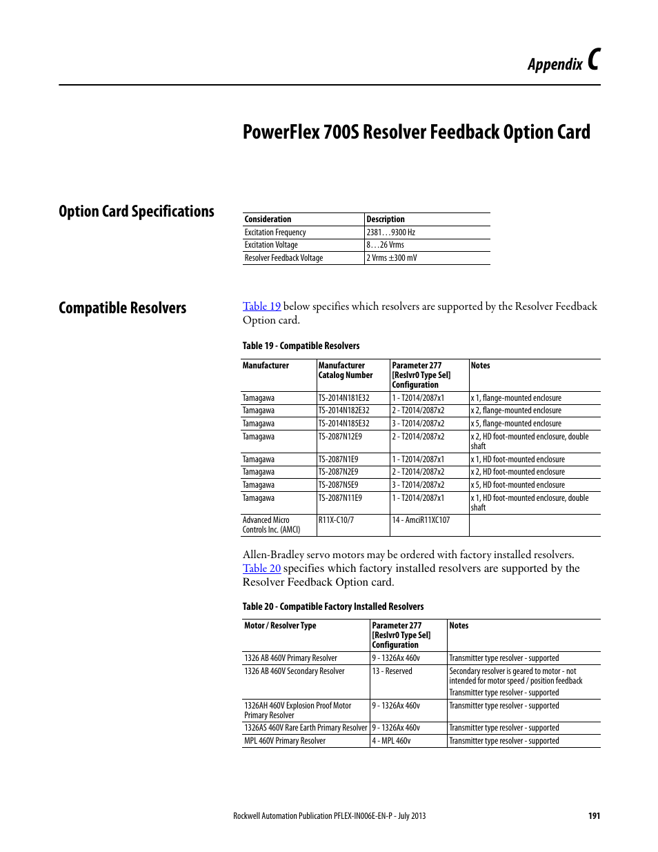 Option card specifications, Compatible resolvers, Appendix c | Powerflex 700s resolver feedback option card, Option card specifications compatible resolvers, Appendix | Rockwell Automation 20D PowerFlex 700H and 700S Frame 9...14 Drives User Manual | Page 191 / 220