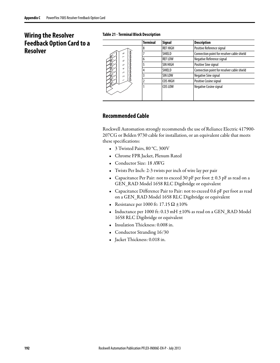 Recommended cable | Rockwell Automation 20D PowerFlex 700H and 700S Frame 9...14 Drives User Manual | Page 192 / 220