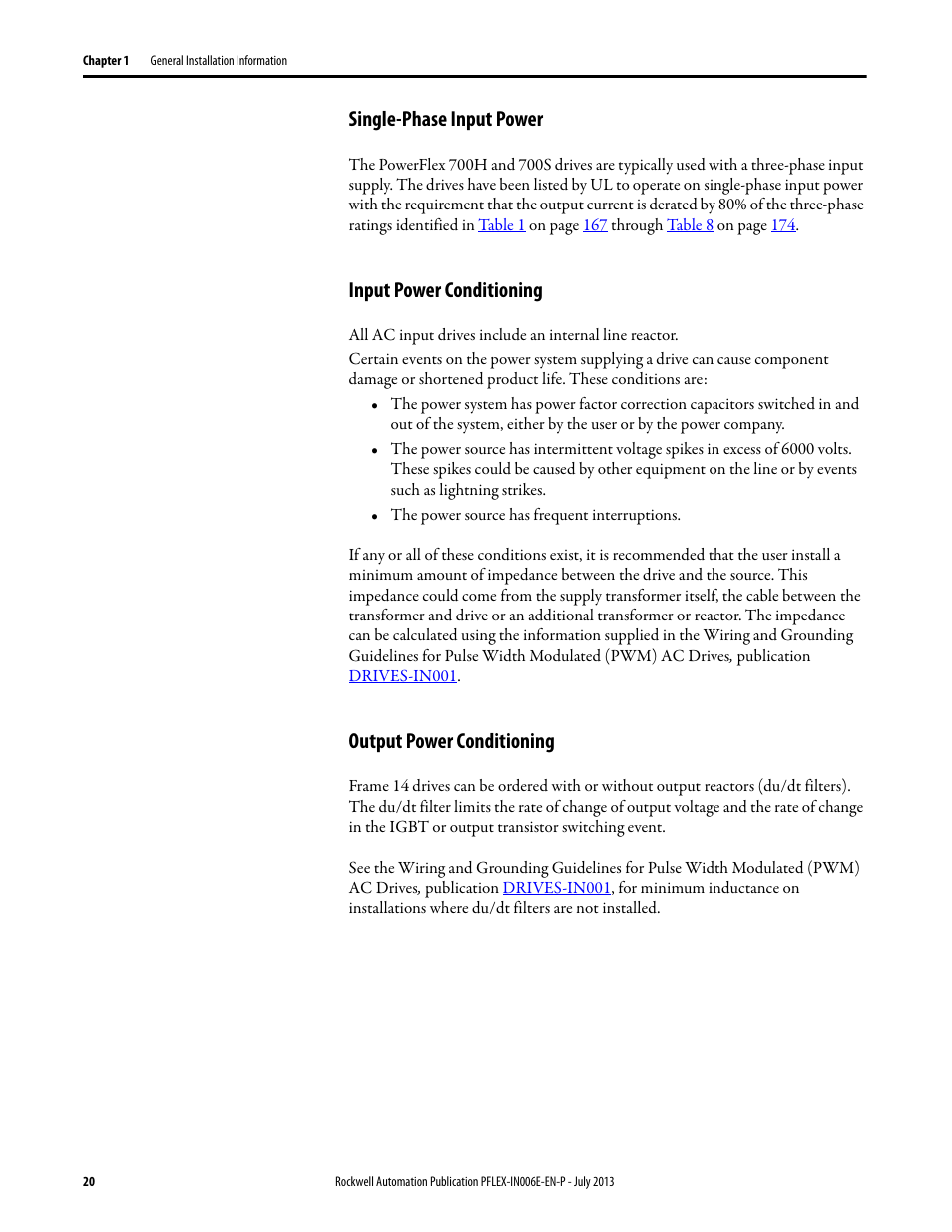 Single-phase input power, Input power conditioning, Output power conditioning | Rockwell Automation 20D PowerFlex 700H and 700S Frame 9...14 Drives User Manual | Page 20 / 220