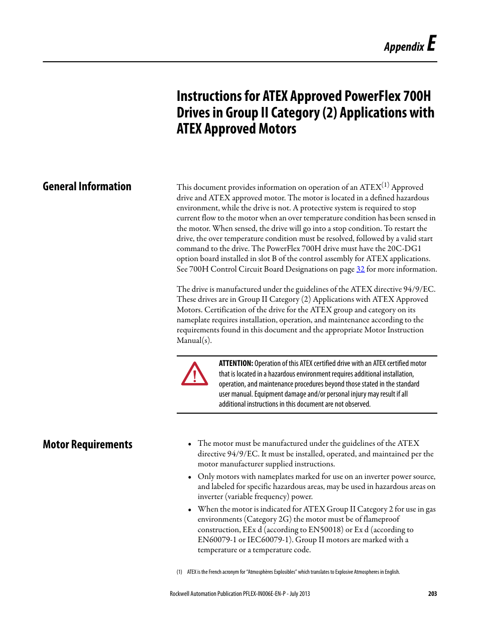 General information, Motor requirements, Appendix e | General information motor requirements, Appendix | Rockwell Automation 20D PowerFlex 700H and 700S Frame 9...14 Drives User Manual | Page 203 / 220