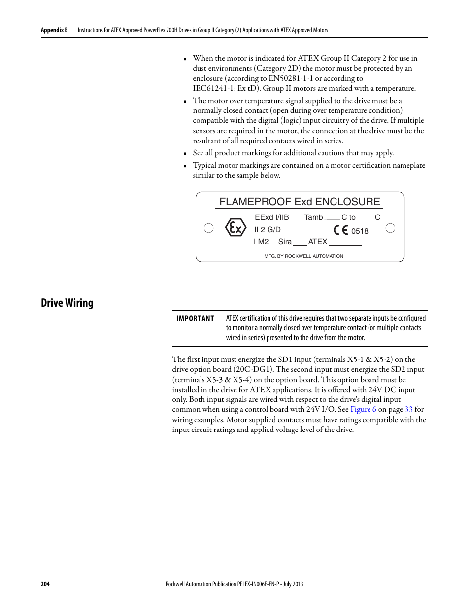 Drive wiring, Flameproof exd enclosure | Rockwell Automation 20D PowerFlex 700H and 700S Frame 9...14 Drives User Manual | Page 204 / 220