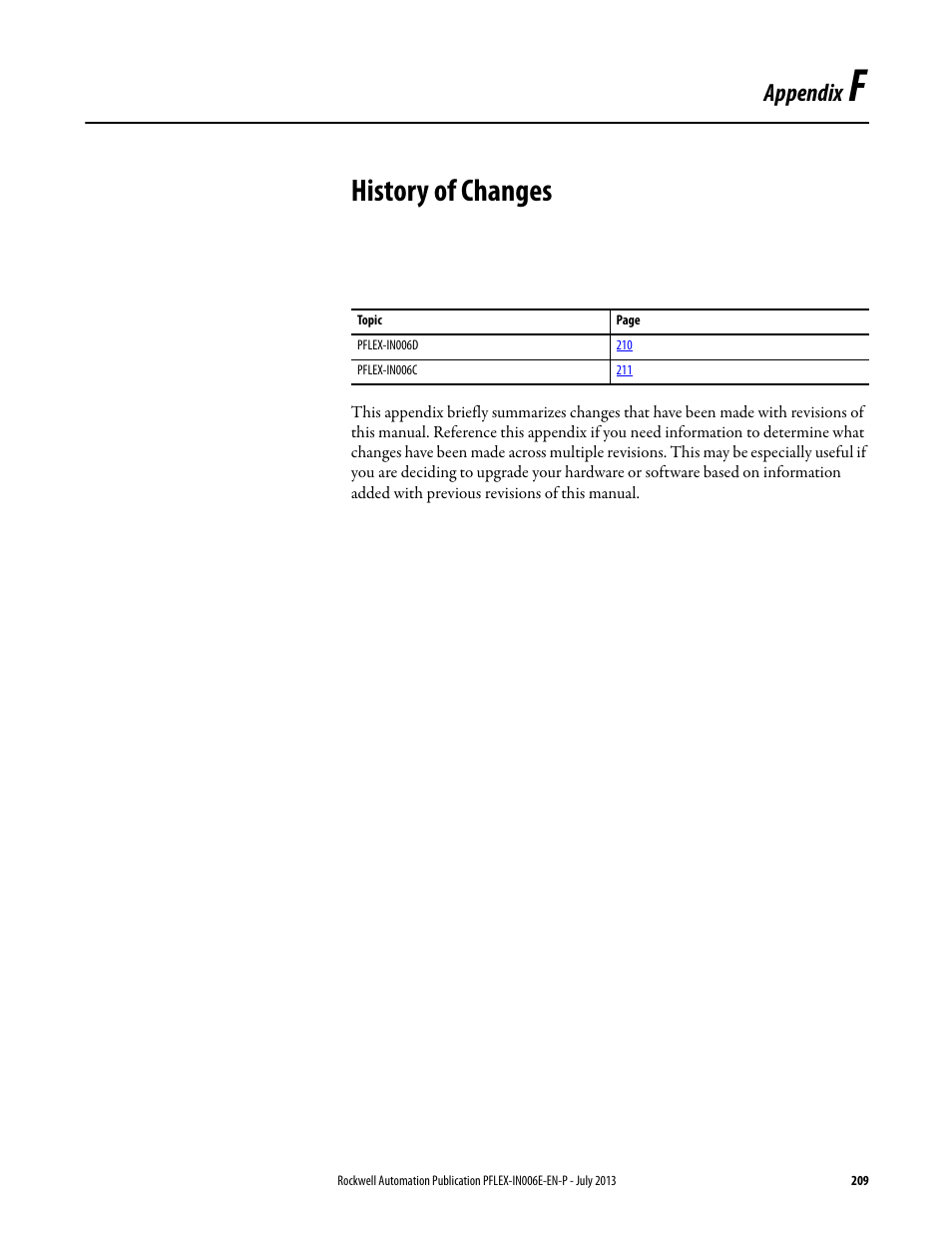 Appendix f - history of changes, Appendix f history of changes on, Dded appendix f | History of changes t, Appendix f, History of changes, Appendix | Rockwell Automation 20D PowerFlex 700H and 700S Frame 9...14 Drives User Manual | Page 209 / 220