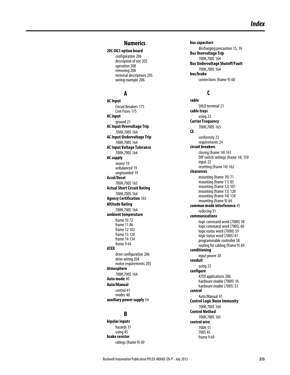 Index, Numerics | Rockwell Automation 20D PowerFlex 700H and 700S Frame 9...14 Drives User Manual | Page 213 / 220