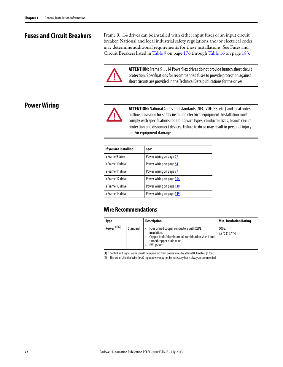 Fuses and circuit breakers, Power wiring, Wire recommendations | Fuses and circuit breakers power wiring | Rockwell Automation 20D PowerFlex 700H and 700S Frame 9...14 Drives User Manual | Page 22 / 220