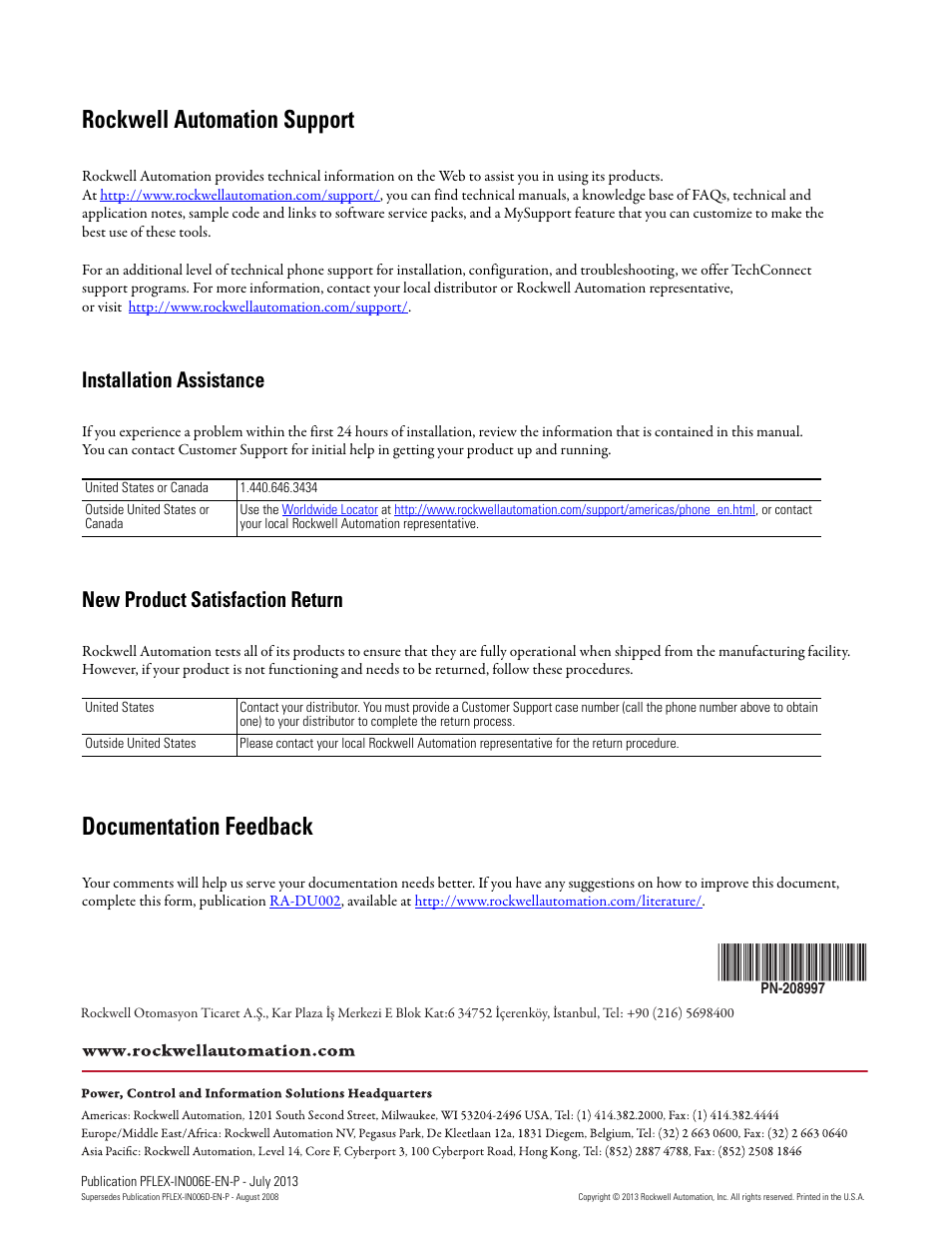 Back cover, Rockwell automation support, Documentation feedback | Installation assistance, New product satisfaction return | Rockwell Automation 20D PowerFlex 700H and 700S Frame 9...14 Drives User Manual | Page 220 / 220