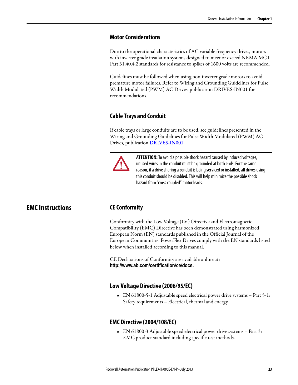 Motor considerations, Cable trays and conduit, Emc instructions | Ce conformity, Low voltage directive (2006/95/ec), Emc directive (2004/108/ec), Motor considerations cabie trays and conduit | Rockwell Automation 20D PowerFlex 700H and 700S Frame 9...14 Drives User Manual | Page 23 / 220