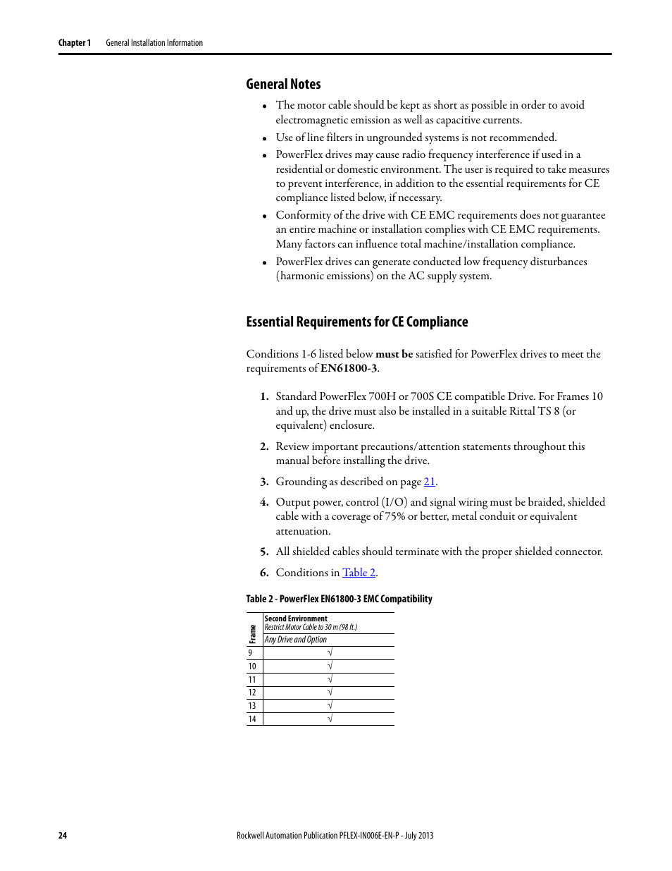 General notes, Essential requirements for ce compliance | Rockwell Automation 20D PowerFlex 700H and 700S Frame 9...14 Drives User Manual | Page 24 / 220