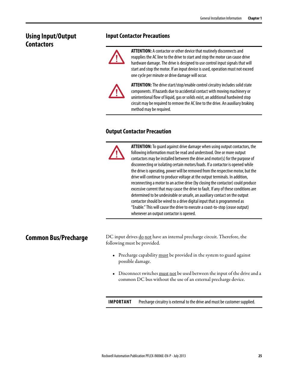 Using input/output contactors, Input contactor precautions, Output contactor precaution | Common bus/precharge | Rockwell Automation 20D PowerFlex 700H and 700S Frame 9...14 Drives User Manual | Page 25 / 220