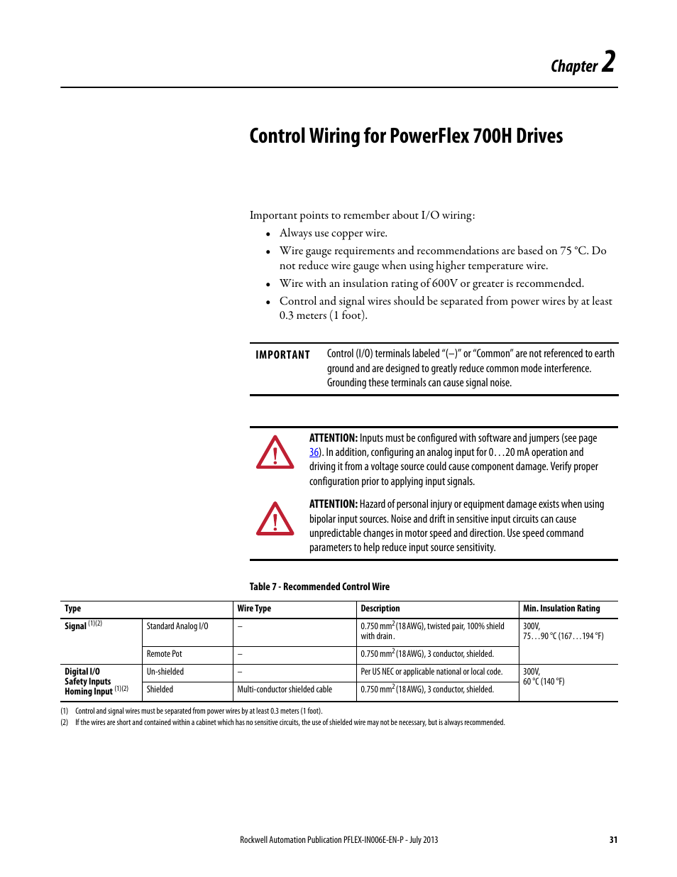 Chapter 2, Control wiring for powerflex 700h drives, Chapter | Rockwell Automation 20D PowerFlex 700H and 700S Frame 9...14 Drives User Manual | Page 31 / 220