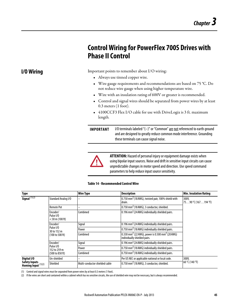 I/o wiring, Chapter 3, Chapter | Rockwell Automation 20D PowerFlex 700H and 700S Frame 9...14 Drives User Manual | Page 45 / 220