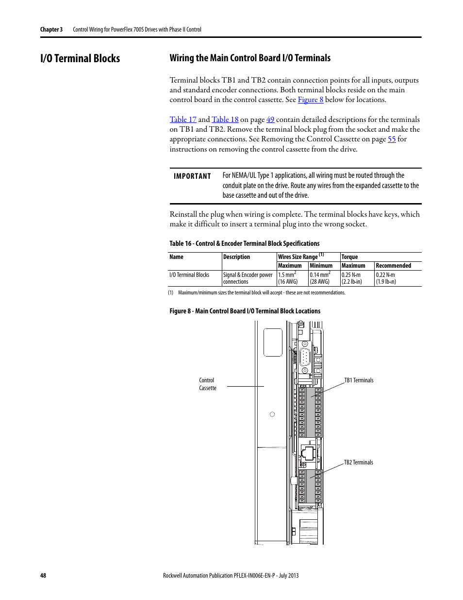 I/o terminal blocks, Wiring the main control board i/o terminals | Rockwell Automation 20D PowerFlex 700H and 700S Frame 9...14 Drives User Manual | Page 48 / 220