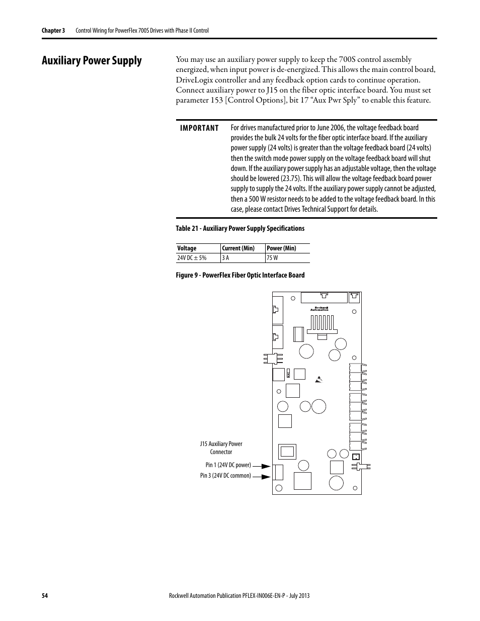 Auxiliary power supply | Rockwell Automation 20D PowerFlex 700H and 700S Frame 9...14 Drives User Manual | Page 54 / 220