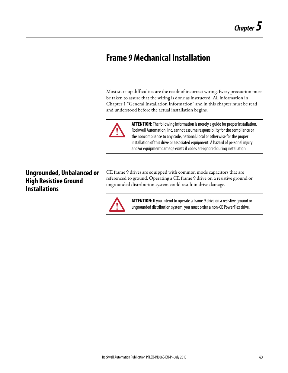 Chapter 5 - frame 9 mechanical installation, Chapter 5, Frame 9 mechanical installation | Rockwell Automation 20D PowerFlex 700H and 700S Frame 9...14 Drives User Manual | Page 63 / 220