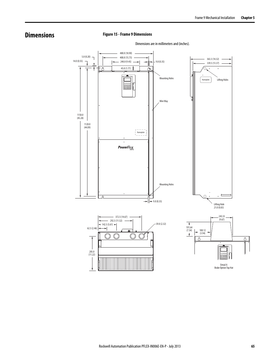 Dimensions, Figure 15 - frame 9 dimensions, Dimensions are in millimeters and (inches) | Rockwell Automation 20D PowerFlex 700H and 700S Frame 9...14 Drives User Manual | Page 65 / 220