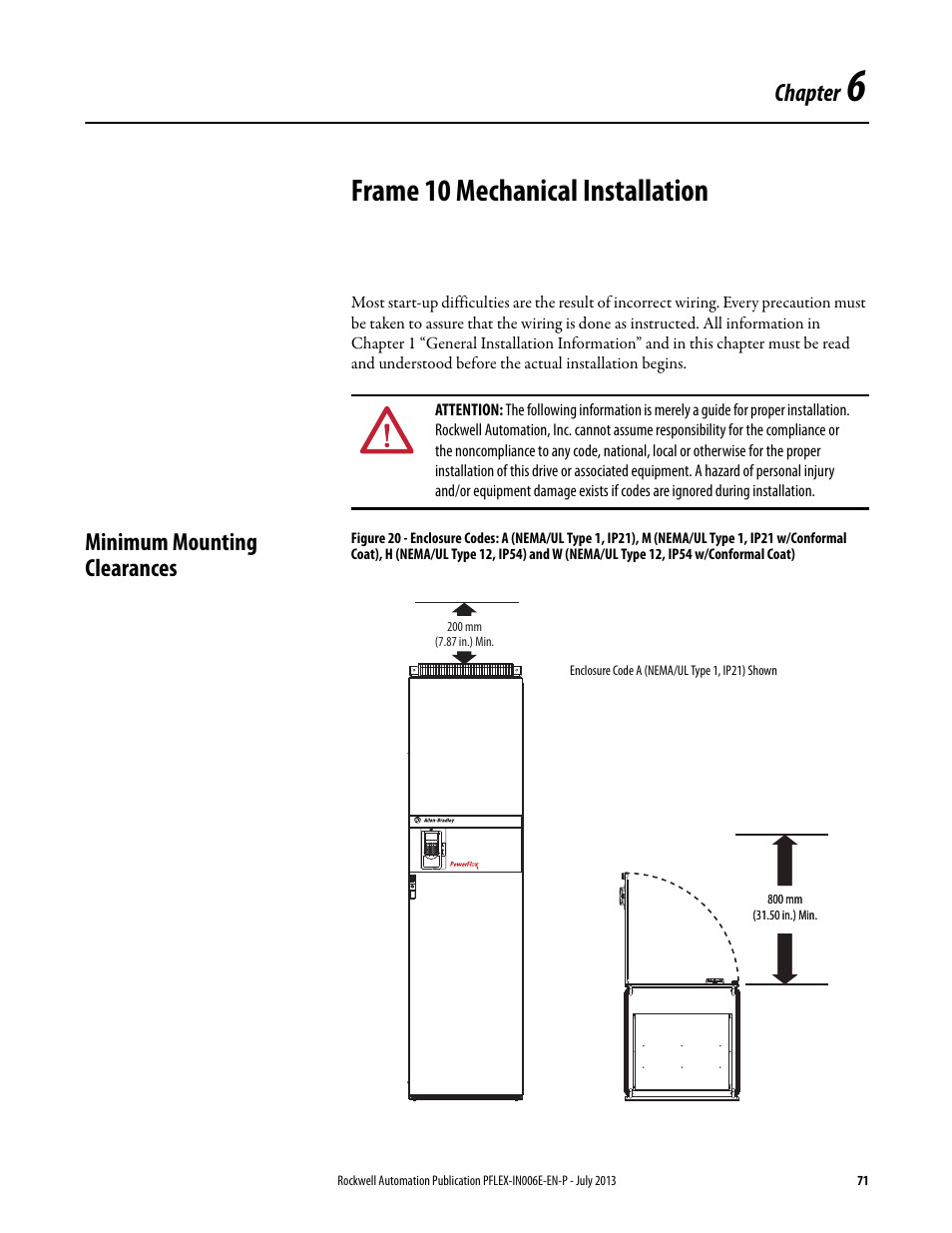 Chapter 6 - frame 10 mechanical installation, Minimum mounting clearances, Chapter 6 | Frame 10 mechanical installation, Chapter | Rockwell Automation 20D PowerFlex 700H and 700S Frame 9...14 Drives User Manual | Page 71 / 220