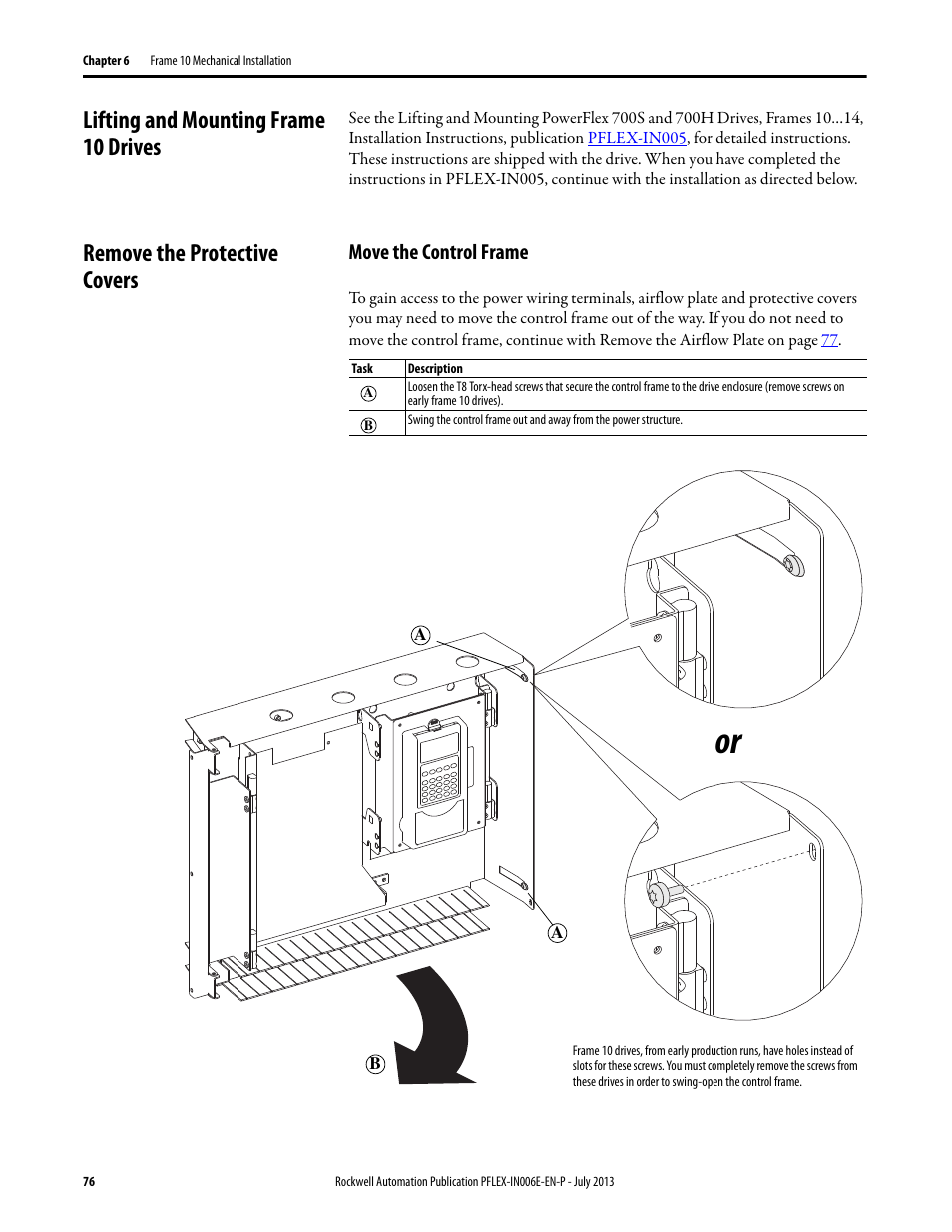 Lifting and mounting frame 10 drives, Remove the protective covers, Move the control frame | Rockwell Automation 20D PowerFlex 700H and 700S Frame 9...14 Drives User Manual | Page 76 / 220