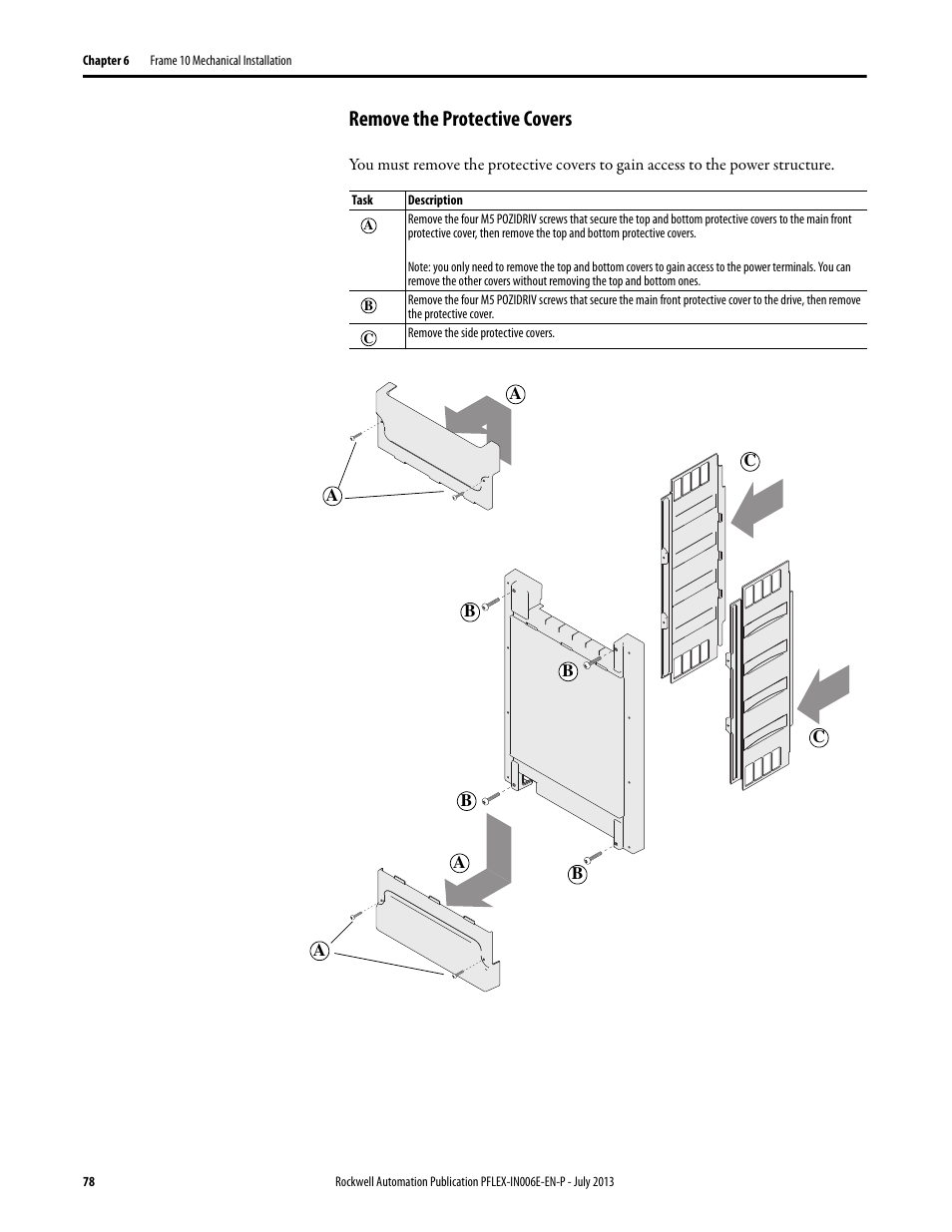 Remove the protective covers | Rockwell Automation 20D PowerFlex 700H and 700S Frame 9...14 Drives User Manual | Page 78 / 220