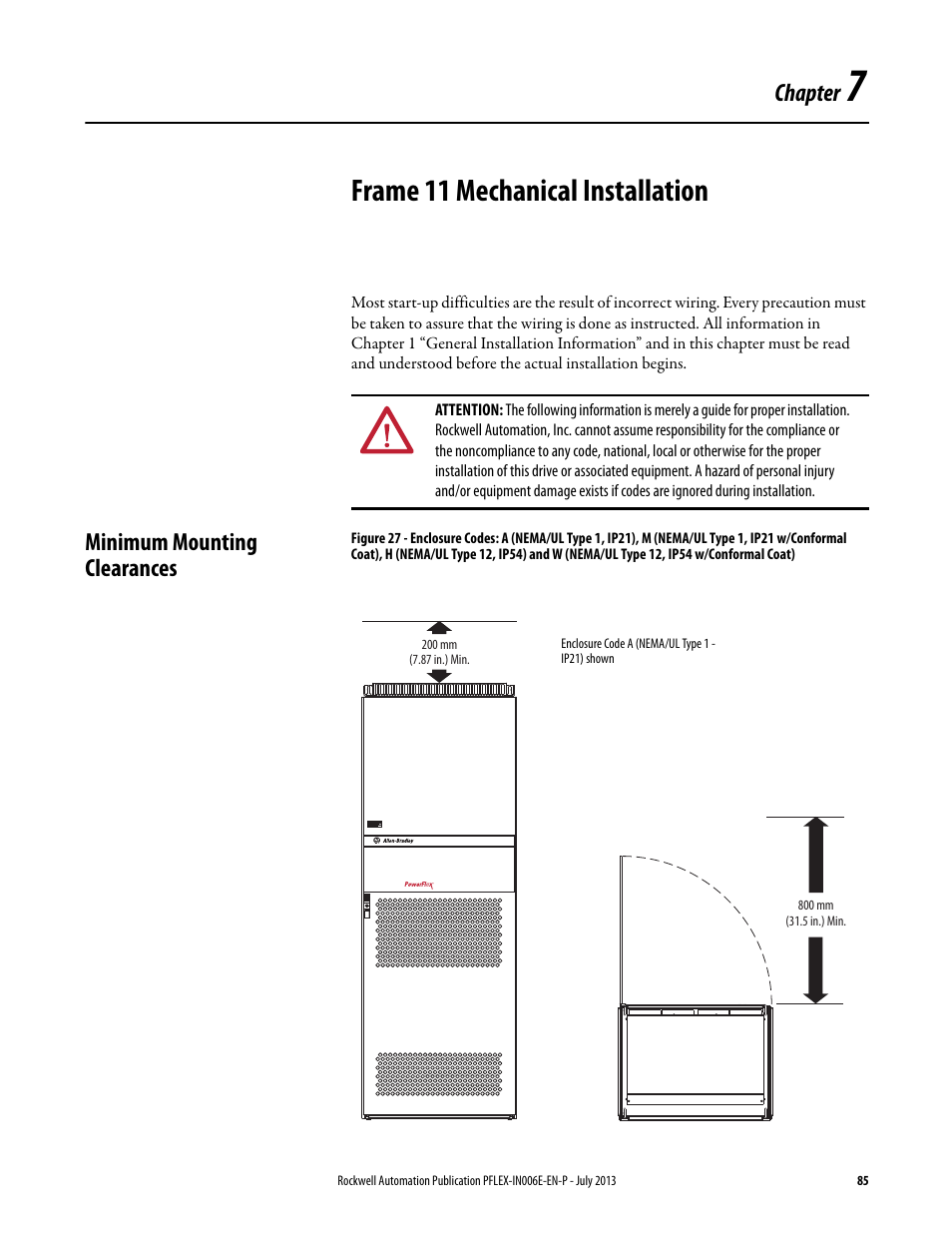 Chapter 7 - frame 11 mechanical installation, Minimum mounting clearances, Chapter 7 | Frame 11 mechanical installation, Chapter | Rockwell Automation 20D PowerFlex 700H and 700S Frame 9...14 Drives User Manual | Page 85 / 220