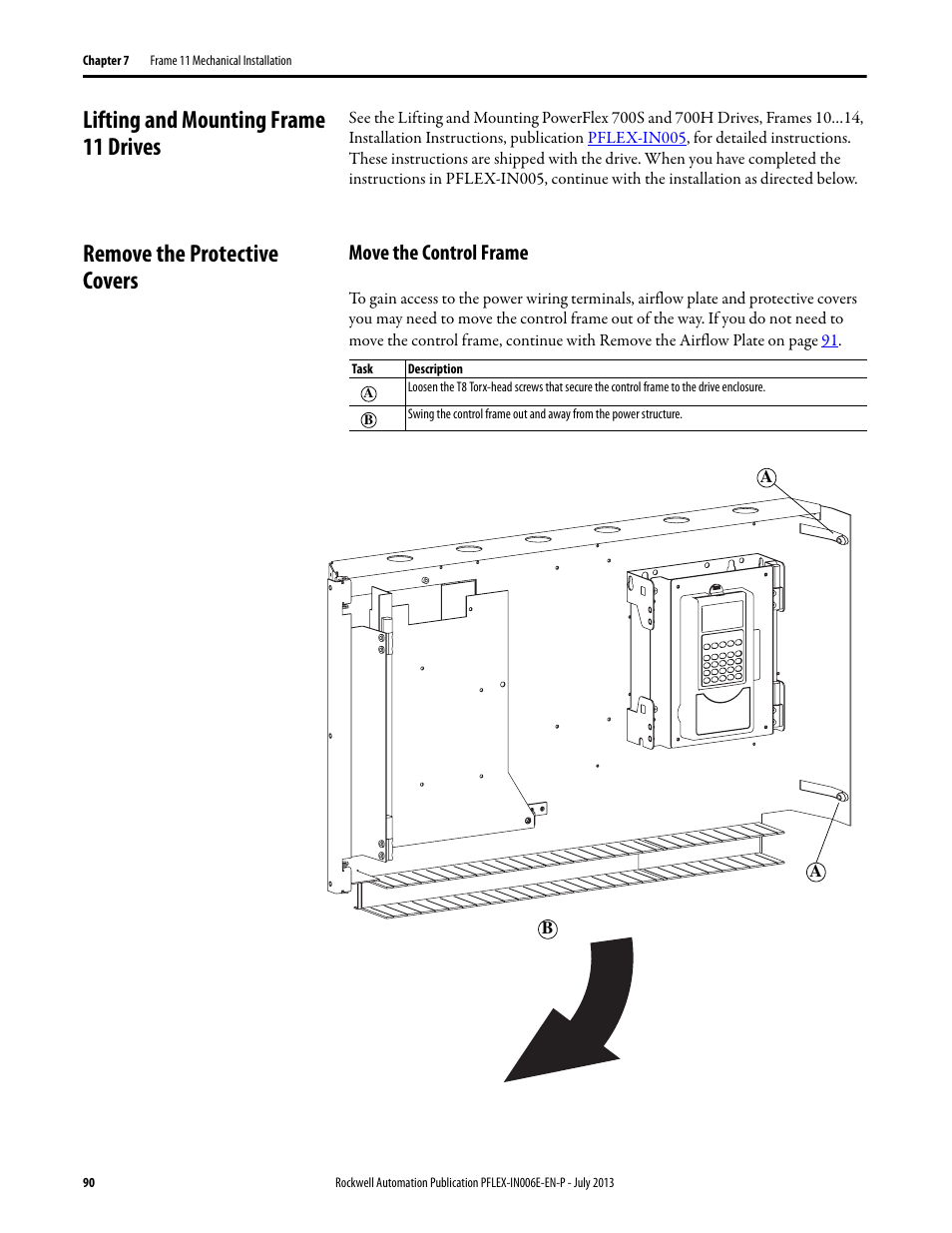 Lifting and mounting frame 11 drives, Remove the protective covers, Move the control frame | Rockwell Automation 20D PowerFlex 700H and 700S Frame 9...14 Drives User Manual | Page 90 / 220